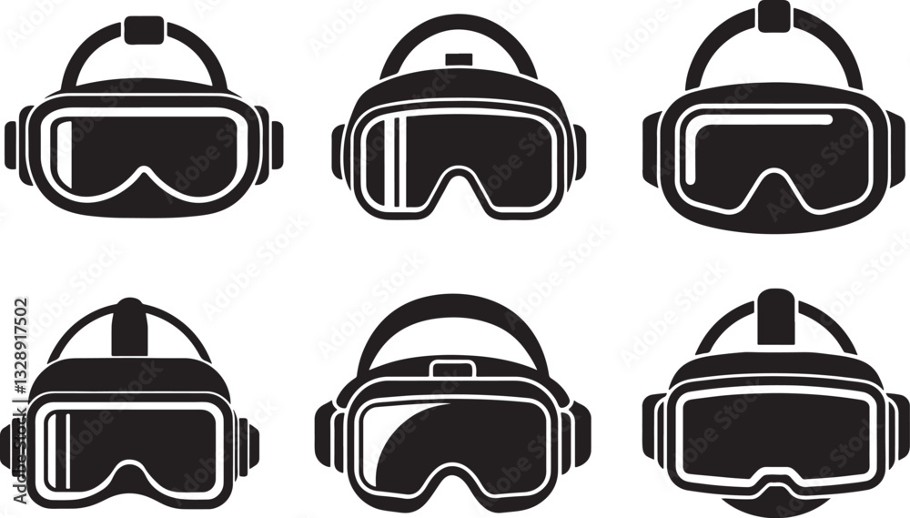 set of virtual reality headset silhouette, black and white silhouette, vector and illustration