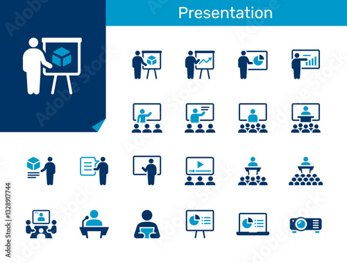 Presentation flat icon collection for seminar, lecture, meeting and business communication concept