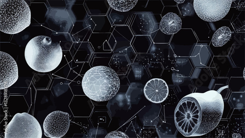 The image is a digital illustration depicting numerous abstract, spherical, and cylindrical forms resembling cellular structures.  These elements are rendered in shades of grey and white against a