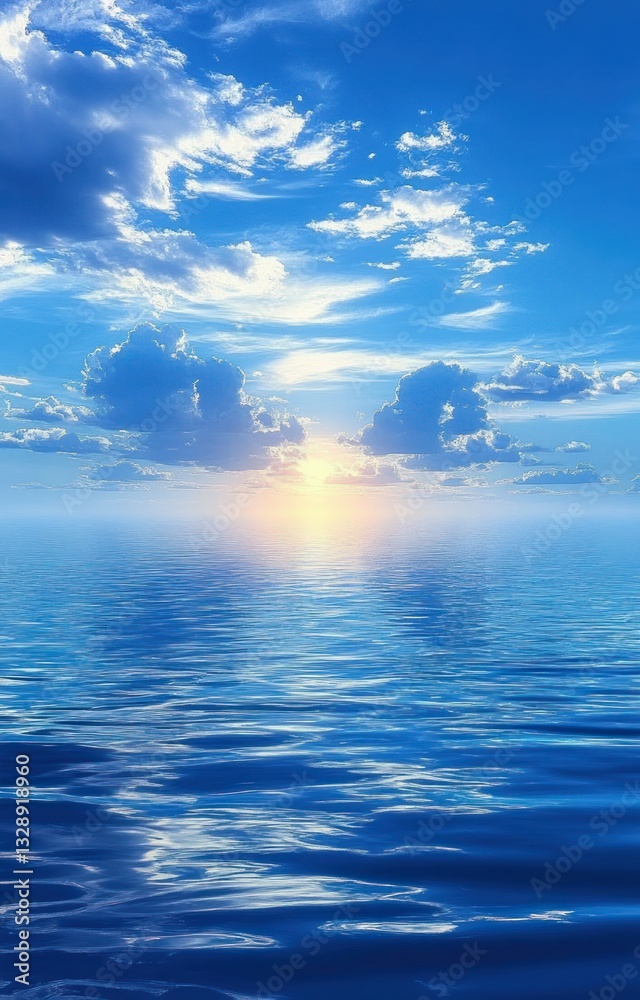 Fototapeta premium Ocean Landscape Under Blue Sky with Clouds and Sunlight Reflections on Water Surface