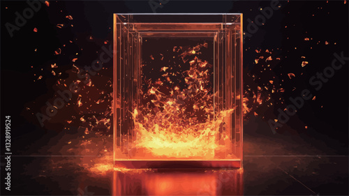 A digital rendering depicts a transparent glass cube or box containing bright orange and red flames.  The flames appear to be contained within the glass structure, yet sparks and particles are
