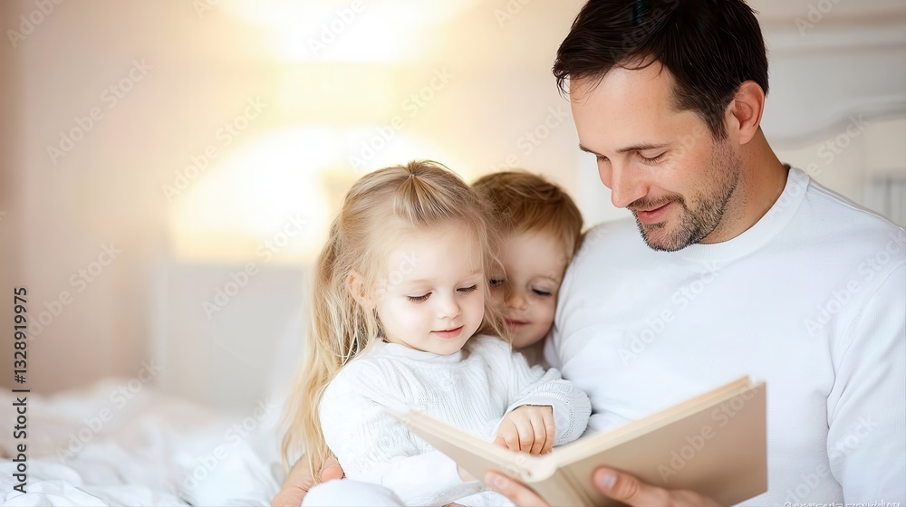 Caring father reading a heartwarming bedtime story to his daughter creating precious memories together Caring father reading a heartwarming bedtime story to his daughter creating precious memories together