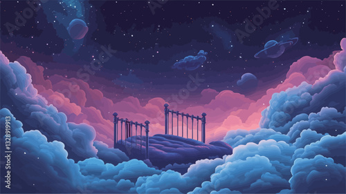 Digital illustration depicting a simple bed frame situated on a small, dark purple island floating amidst fluffy clouds. The background features a night sky with numerous stars and a gradient of