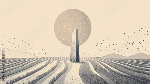 The image is a stylized landscape illustration, rendered in muted beige and gray tones.  It features a central, tall, slender obelisk standing in a field with parallel lines suggesting rows of
