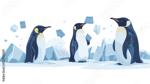 Illustration featuring four cartoon penguins standing on a flat icy surface.  Two penguins hold small square shapes resembling letters or messages. Stylized icy mountains are visible in the