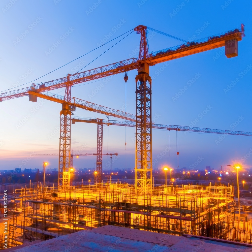 Busy construction site with cranes and scaffolding creating a bustling environment of building and development Busy construction site with cranes and scaffolding creating a bustling environment of building and development