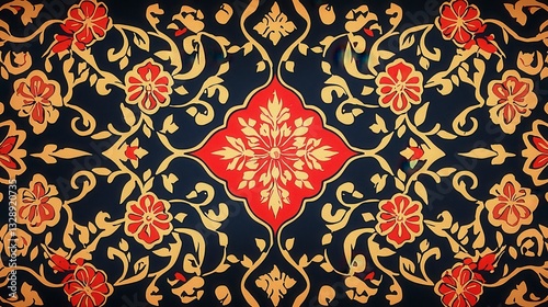 Elegant Floral Pattern with Red and Gold Elements on Dark Background photo