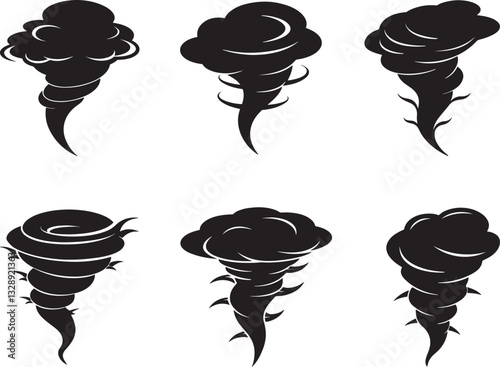 set of tornado silhouette, black and white silhouette, vector and illustration