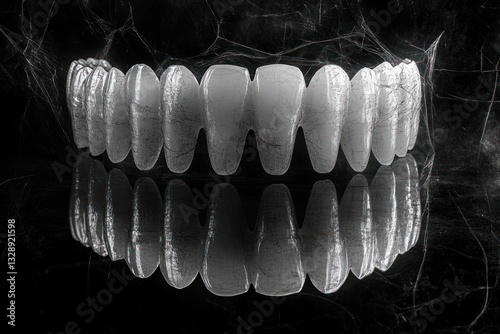 black and white surreal artwork of artificial teeth dentures with reflective surface and dramatic lighting