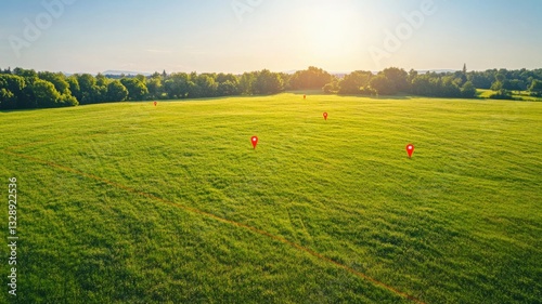 Large green field marked for development, real estate investment aerial view. Searching vacant land for development