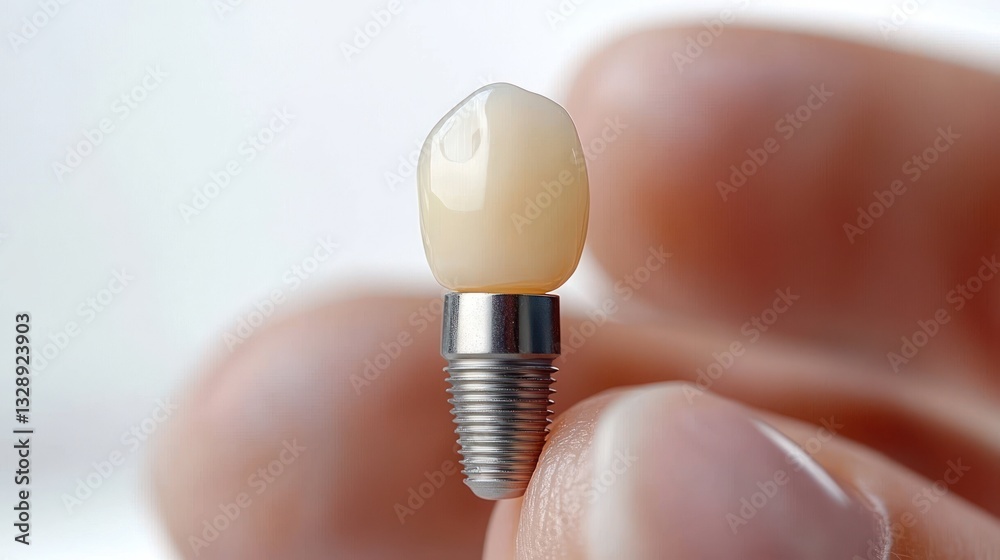 Macro Photography of Dental Implant Ceramic Crown in Dentist's Fingers on White Background