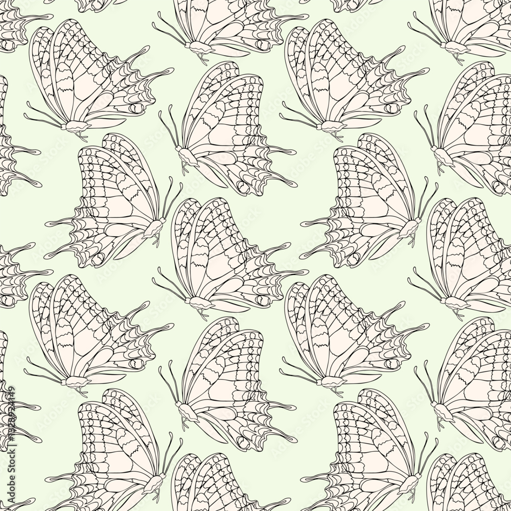 A background with a pattern of butterflies. The butterflies are drawn in black and white. The butterflies are arranged in a way that creates a sense of movement and flow. Vector seamless pattern A background with a pattern of butterflies. The butterflies are drawn in black and white. The butterflies are arranged in a way that creates a sense of movement and flow. Vector seamless pattern
