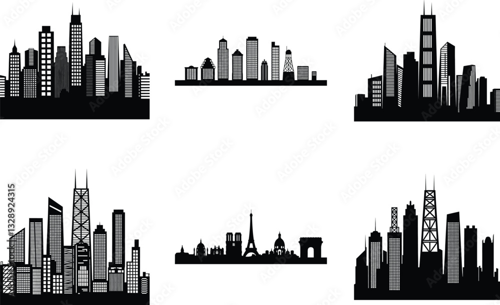 Obraz premium Modern City Skyline Skyscrapers silhouette set clipart SVG bundle design. Panorama city background. Skyline urban border collection. Night town skyline icon set.