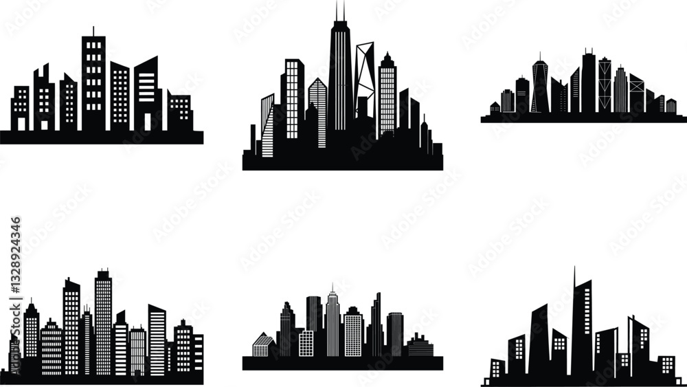 Fototapeta premium Modern City Skyline Skyscrapers silhouette set clipart SVG bundle design. Panorama city background. Skyline urban border collection. Night town skyline icon set.