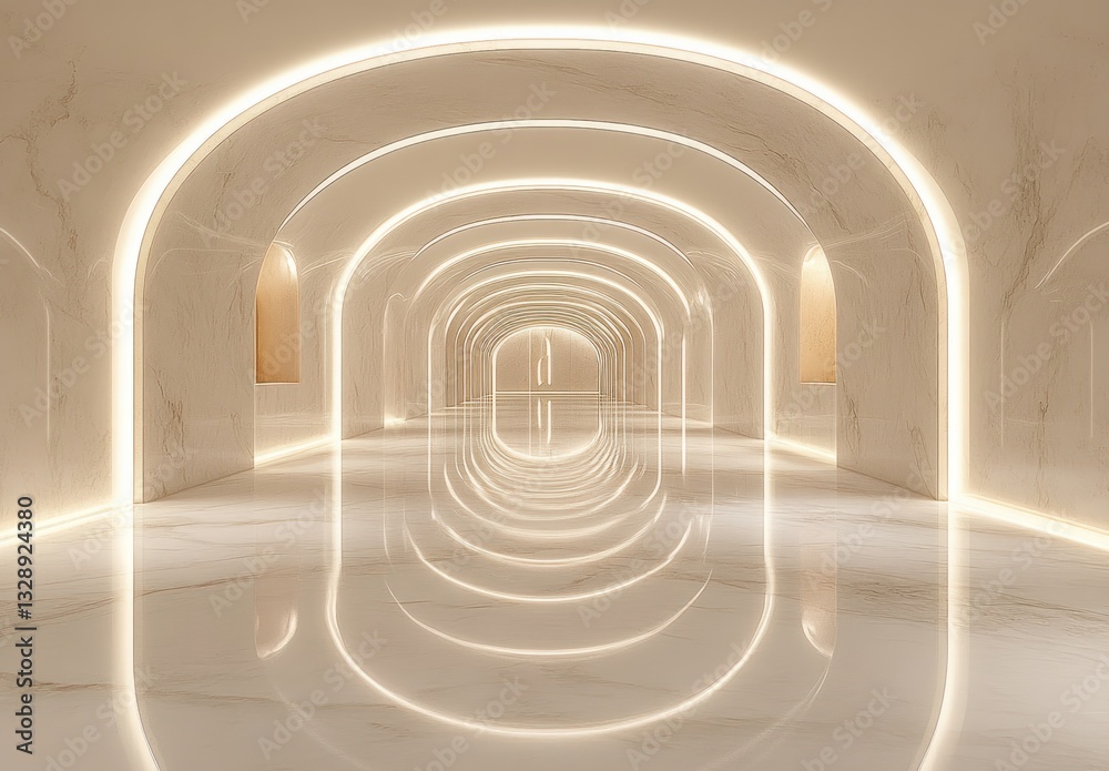 Naklejka premium Minimalist Modern Hallway with Curved Walls and Ambient Lighting