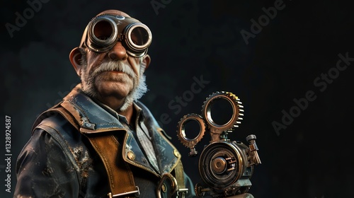 A steampunk-styled man with goggles holding a complex gear contraption.
