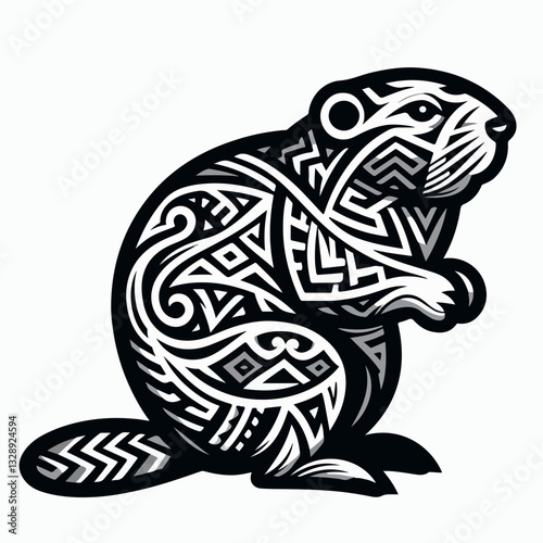 Intricate Beaver Tribal Art: A stylized, monochromatic illustration of a beaver, intricately decorated with tribal patterns, showcasing the animal's unique form.
