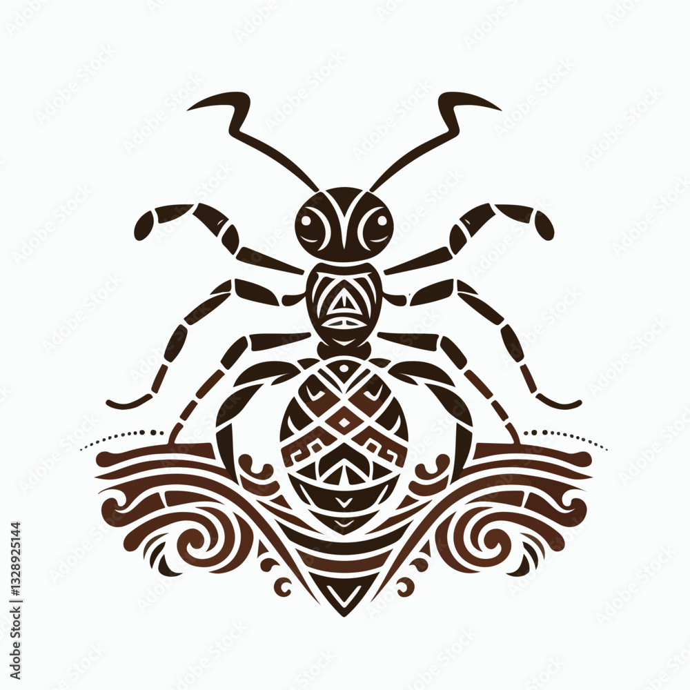 Artistic Ant Emblem: A meticulously designed emblem showcasing an ant, its form rendered in a tribal art style, rich with geometric patterns and symbolic depth. Artistic Ant Emblem: A meticulously designed emblem showcasing an ant, its form rendered in a tribal art style, rich with geometric patterns and symbolic depth.
