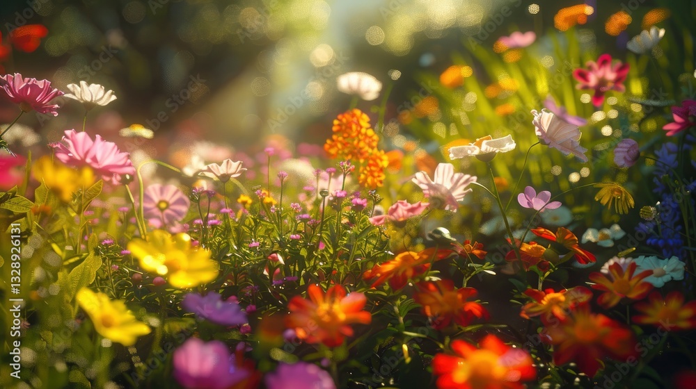 Vibrant meadow filled with colorful wildflowers under soft sunlight, creating a serene atmosphere Vibrant meadow filled with colorful wildflowers under soft sunlight, creating a serene atmosphere