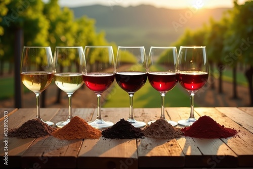 Selection of red and white wines displayed in a vineyard setting, showcasing different soil types that influence wine flavor, aroma, and terroir characteristics.