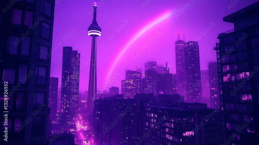 Fototapeta premium Purple Cityscape, Rainbow Arc, Night
