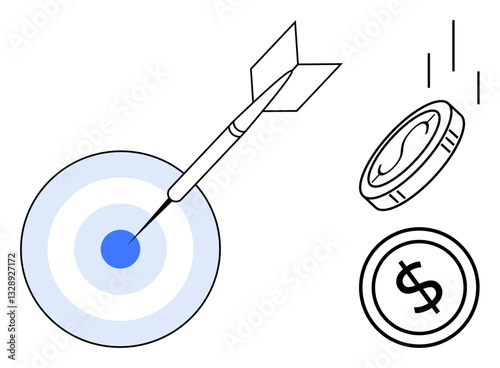 Dart hitting bullseye, coins falling representing precision, success, and finance. Ideal for business, strategy, investment, financial planning success accuracy goal achievement. Flat simple