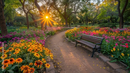 Serene garden pathway surrounded by vibrant flowers at sunset, inviting relaxation and exploration