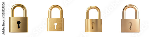 A set of brass or golden colored padlocks in various locked and unlocked states representing security protection and access control