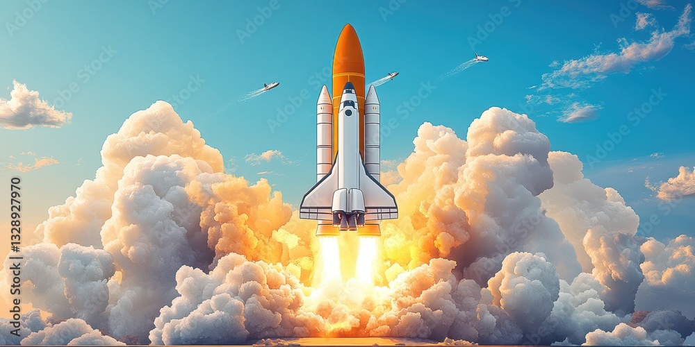 Naklejka premium Powerful Rocket Launching Into the Sky Banner