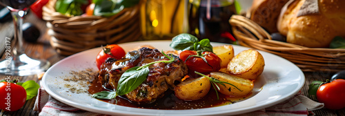 Decadent Traditional Umbrian Cuisine Served on Rustic Wooden Table Setting Featuring Succulent Pork and Hearty Sides