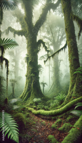 mystical, foggy rainforest with tall, moss-covered trees