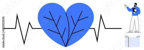 Blue heart with vascular branches integrated with ECG line and person presenting healthcare concept. Ideal for health, wellness, cardiology, CPR, medical training, education, and awareness. Flat