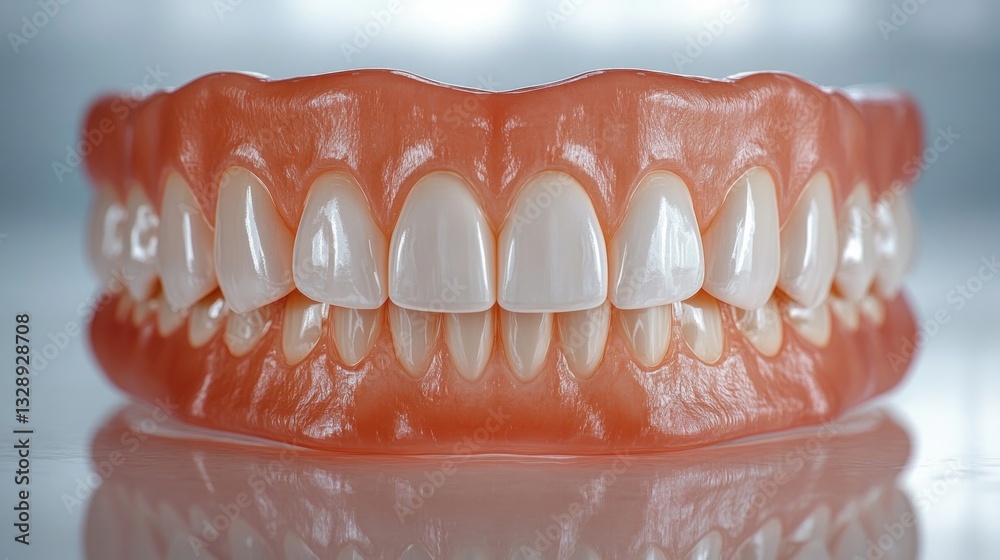 Obraz premium hyper-realistic dental prosthesis zirconium upper jaw gums close-up glossy teeth reflection