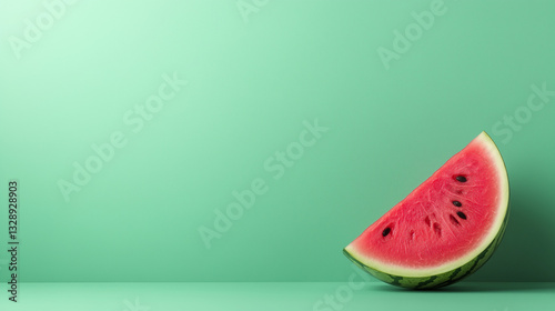 A slice of watermelon with a green rind, a red flesh with dark seeds, on a monochrome green background that gives a minimalist feel.