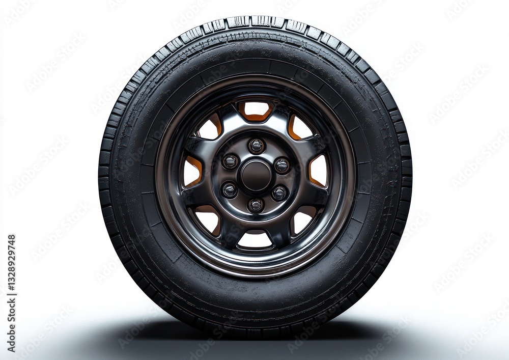 Obraz premium Closeup of a Standard Car Tire Isolated on White Background with Metallic Wheel and Black Rubber