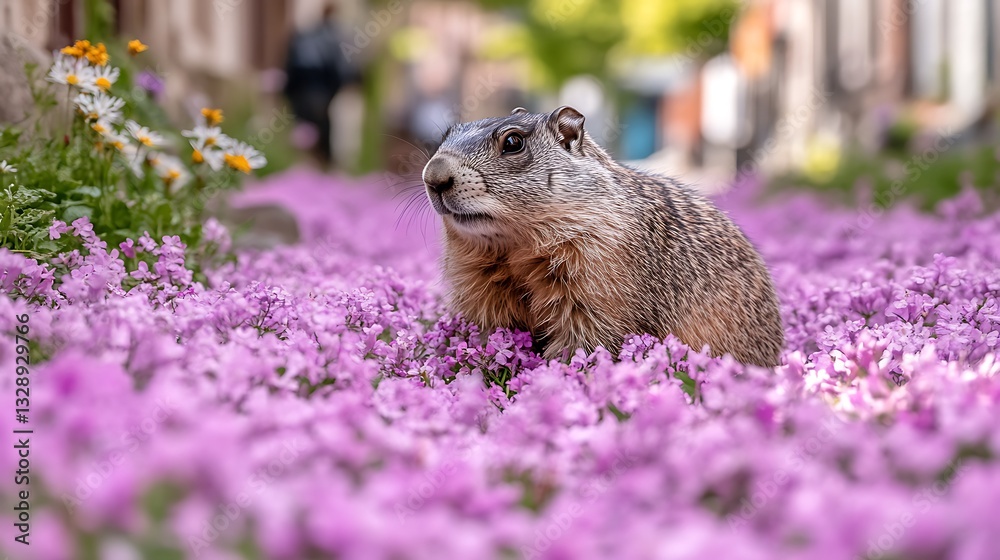 Fototapeta premium Groundhog in purple flowers.