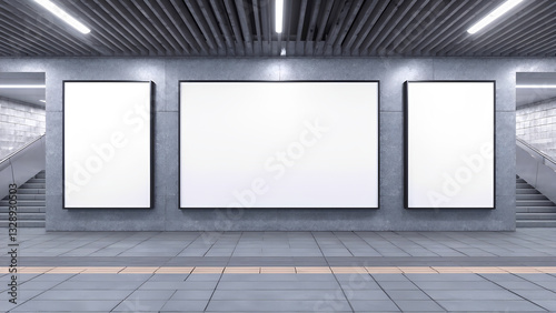 Blank billboard or poster in hall at station or airport, underground, 3d render