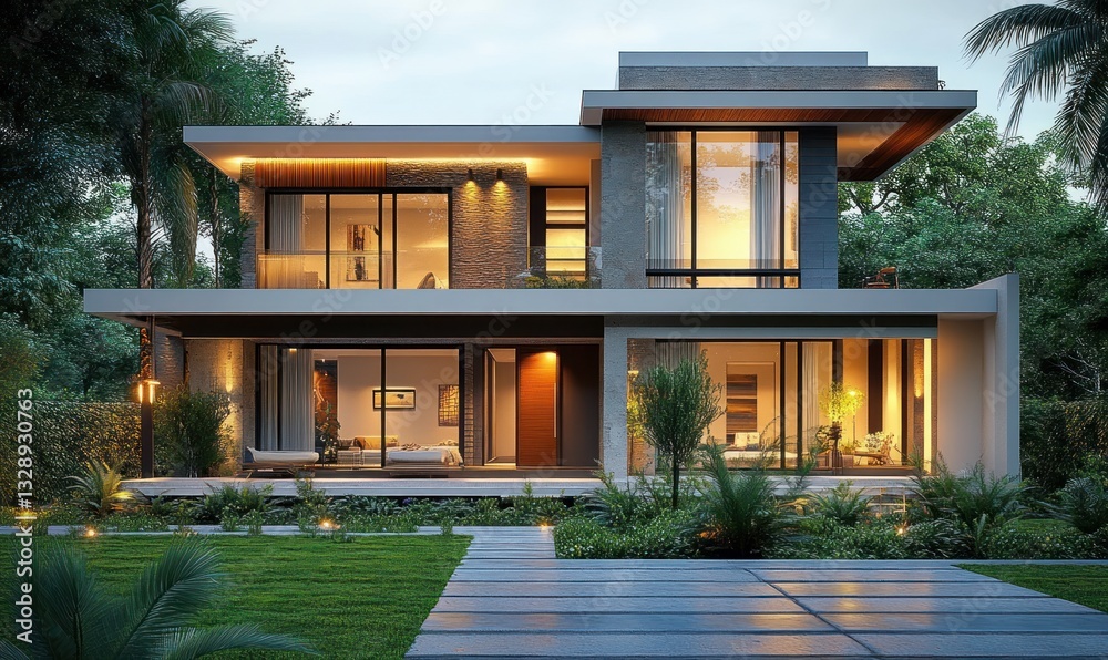 Modern Minimalist Two Story House with Lush Garden and Warm Lighting Modern Minimalist Two Story House with Lush Garden and Warm Lighting