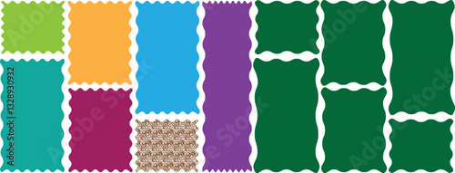 Geometric zig zag wavy labels, Collection of colourful abstract zig zag wavy frames in different shapes with space for text. rectangular shape box element set. Silhouette rectangular text boxes with c