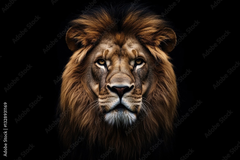 Lion head illuminated on black background symbolizes strength and courage with bold, commanding presence Lion head illuminated on black background symbolizes strength and courage with bold, commanding presence