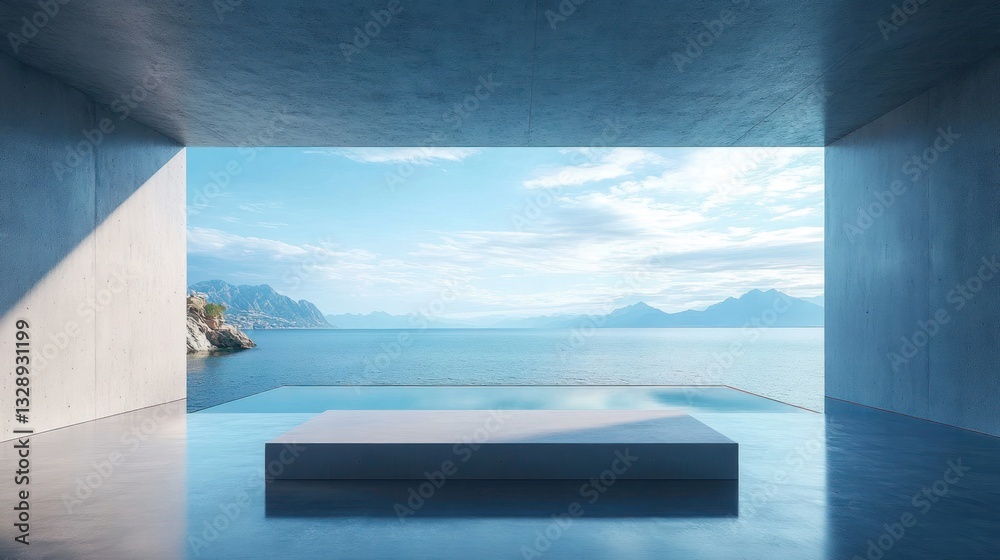 Fototapeta premium Minimalist Concrete Interior with Ocean View and Empty Sofa
