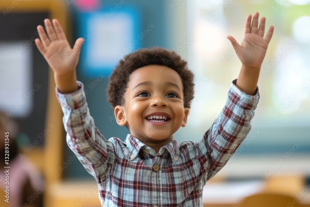 Little African American school boy raises his hand with excitement ready to answer questions Little African American school boy raises his hand with excitement ready to answer questions