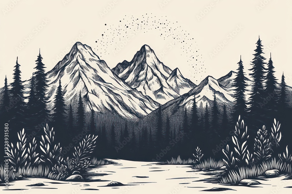Fototapeta premium Majestic mountain range, tranquil forest river, starry night sky, nature landscape, travel poster