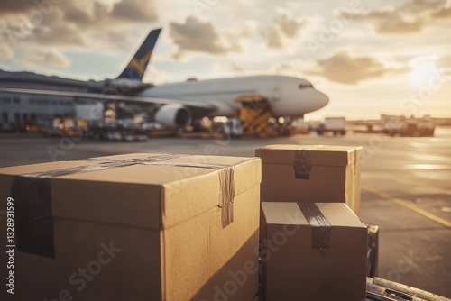 Loading cargo plane at air freight logistics with shipping boxes ready for airmail delivery