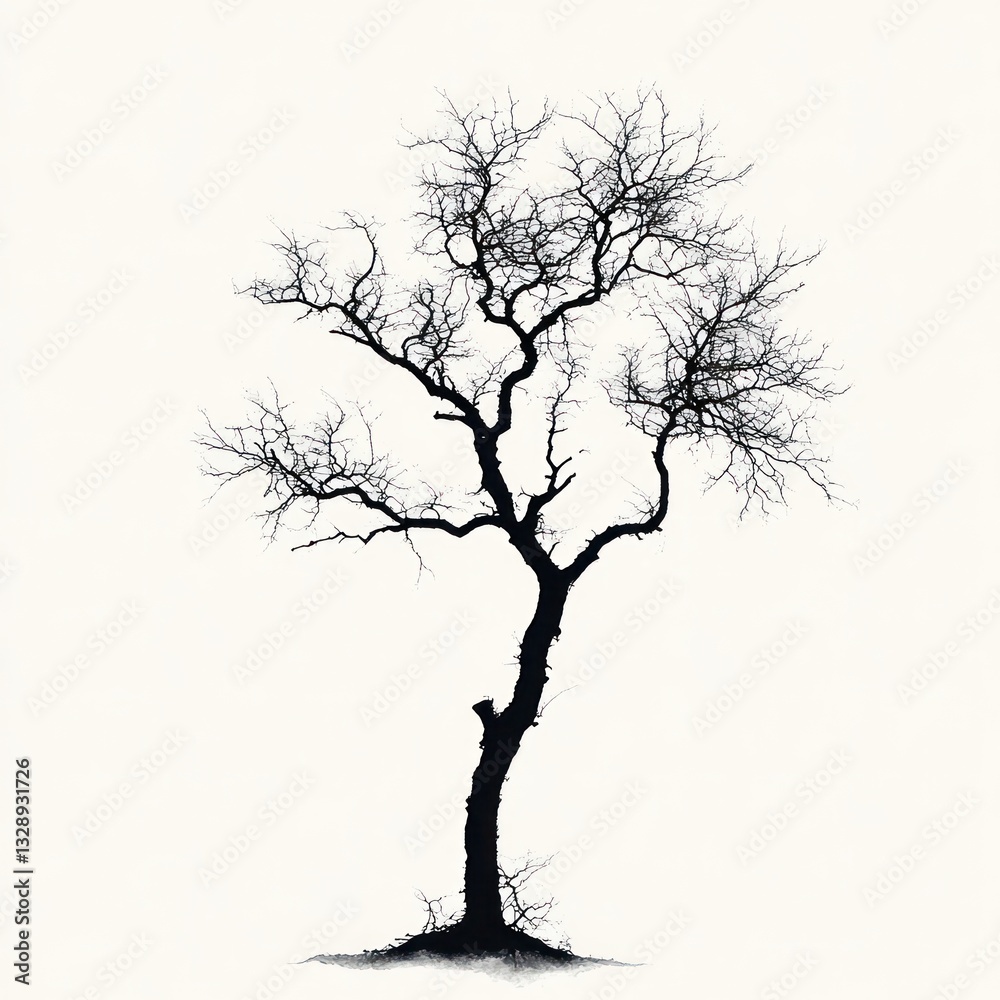 Fototapeta premium Black and White Minimalist Illustration of Leafless Birch Tree on White Background
