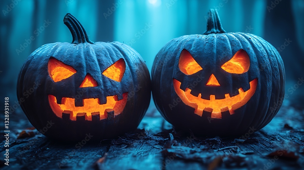 Naklejka premium Two spooky carved pumpkins glowing in a dark forest.