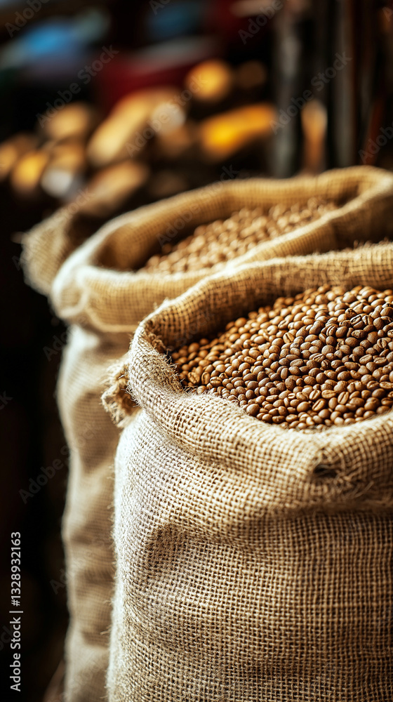 Obraz premium Burlap sacks filled with coffee beans at a traditional market