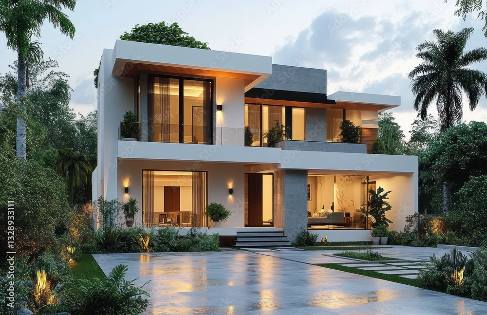 Fototapeta premium Modern Minimalist House Contemporary Architecture Luxury Home Surrounded by Lush Greenery with Soft Evening Light