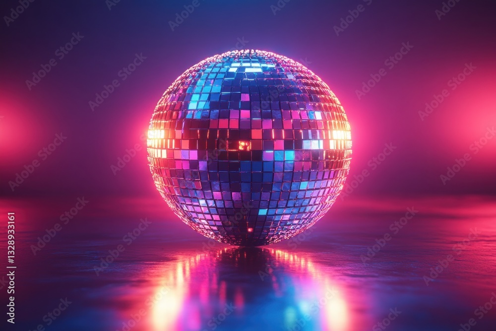 Obraz premium Retro Disco Ball with Colorful Reflections and Bright Rays in Dimly Lit Nightclub Party