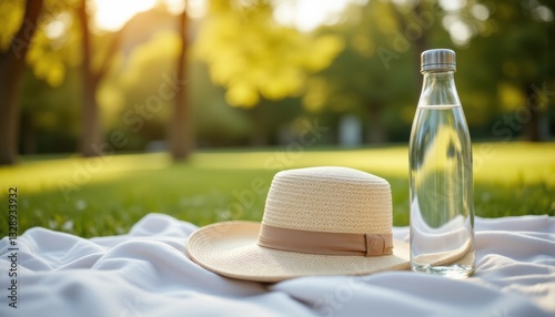 Summer picnic essentials featuring a straw hat and a bottle of water on a sunny day outdoors